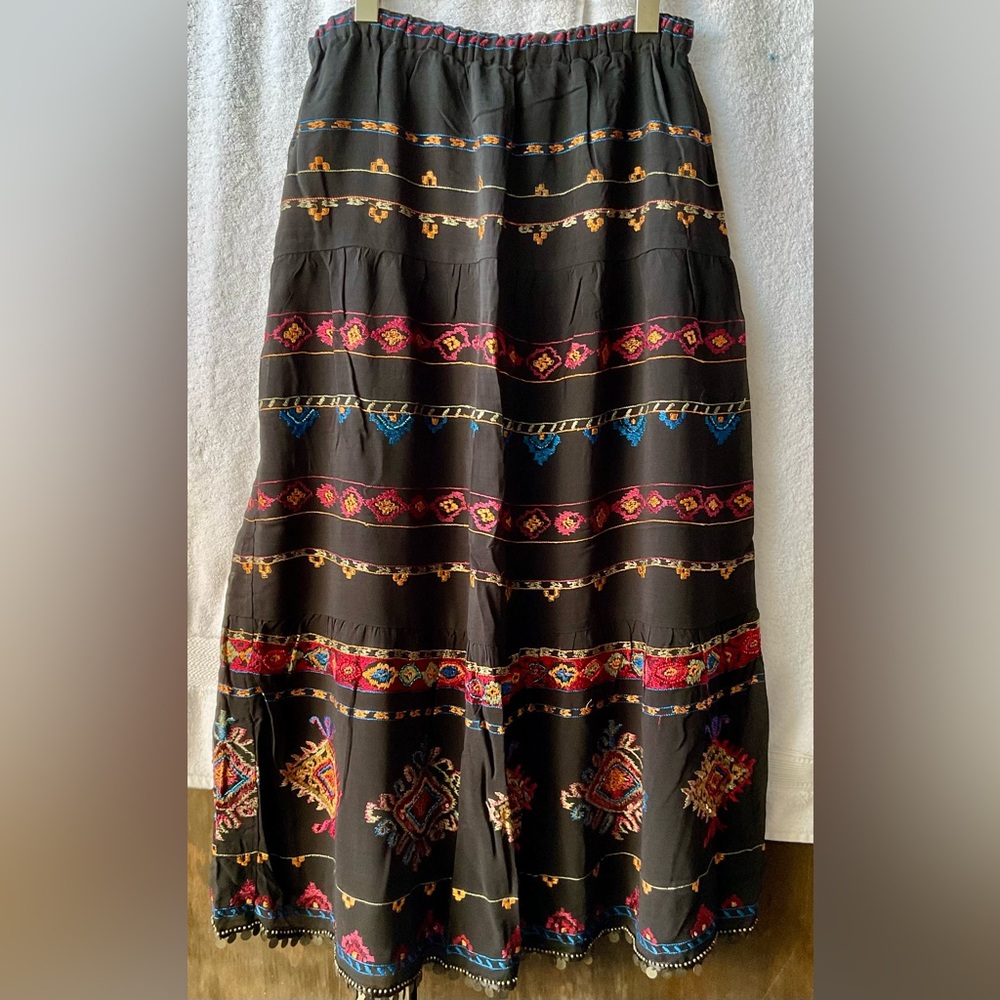Chico's Black and Red Tiered A-Line Maxi Skirt